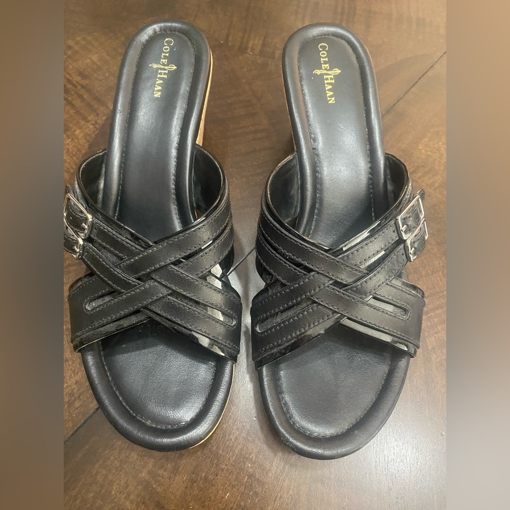 Cole Haan black sandals with cork wedge